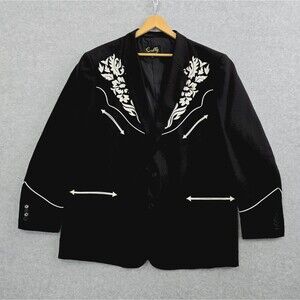 Scully Mens 52L Black White Floral Embroidered Western Jacket Blazer Rodeo